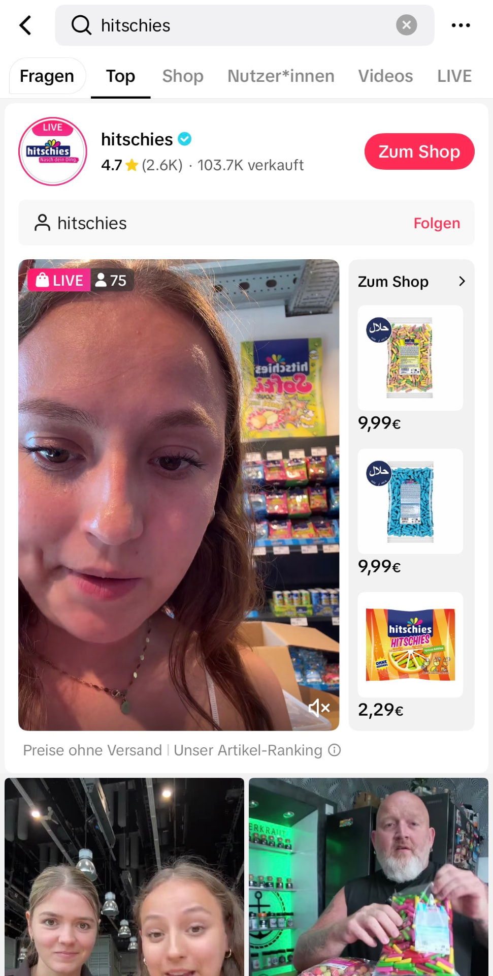 Live im Suchergebnis