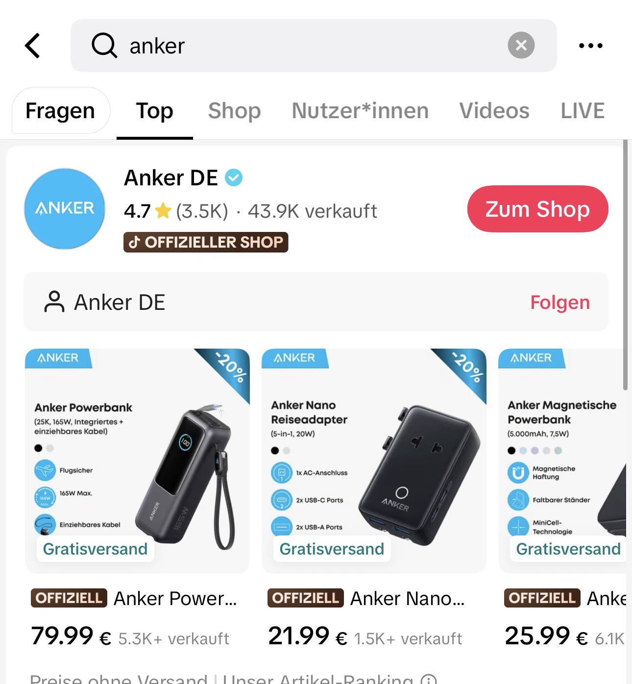 Offizieller Shop in der Suche